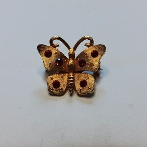 Vintage J.J. Jonette Butterfly Pin Gold Tone with Red Rhinestones Brooch